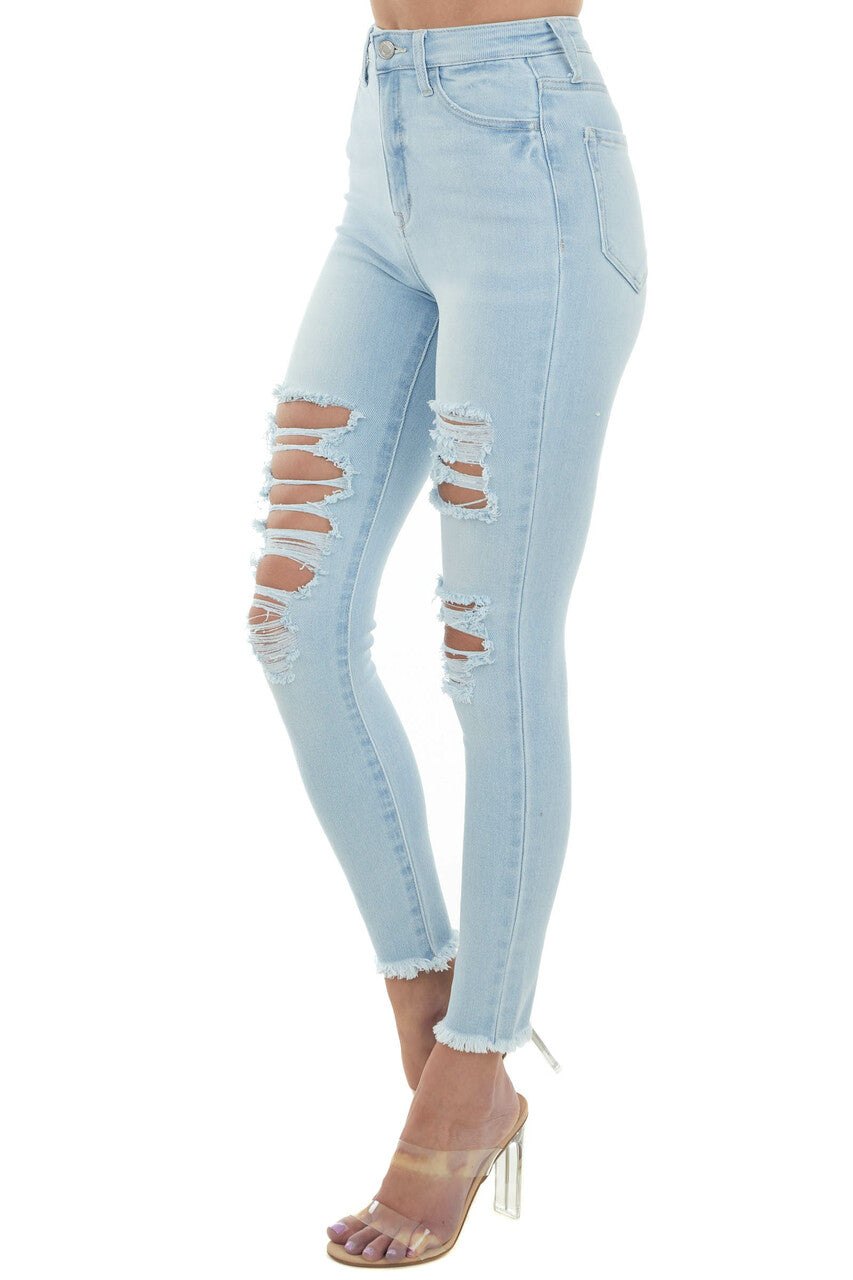 Light Wash High Rise Frayed Hem Skinny Jeans 