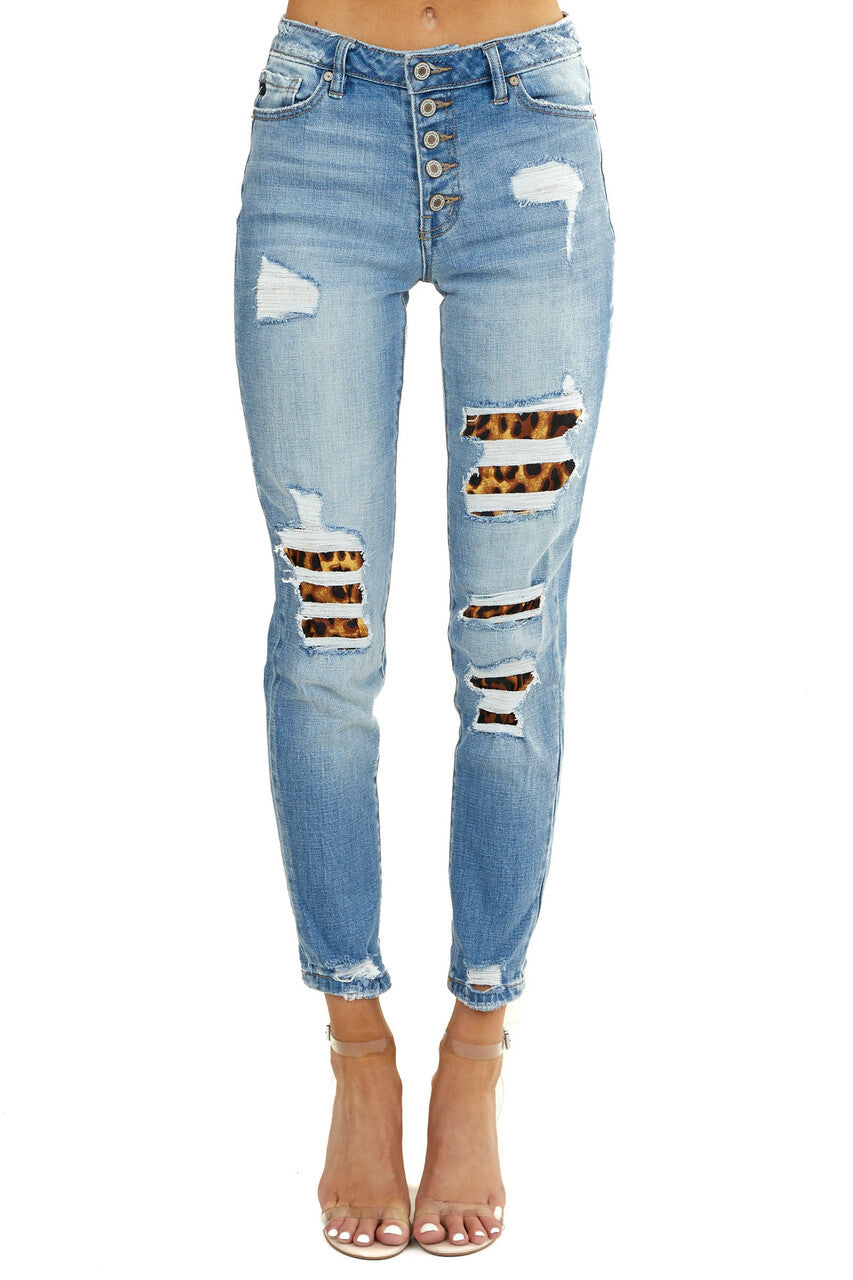 Light Wash Mid Rise Boyfriend Jeans with Leopard Patches 