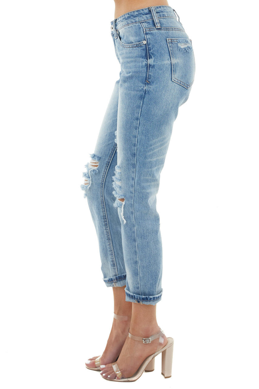 Light Wash Mid Rise Distressed Cuffed Jeans with Relaxed Fit 