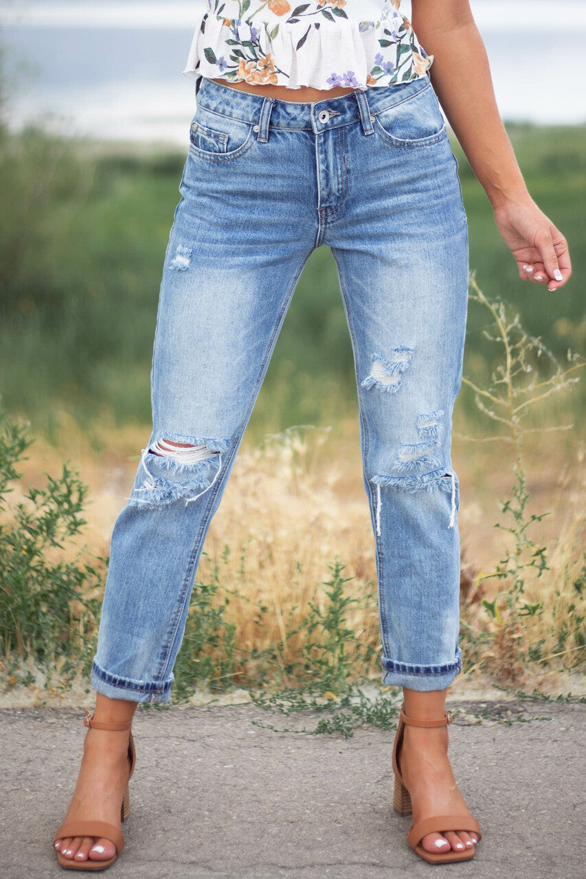 Light Wash Mid Rise Distressed Cuffed Jeans with Relaxed Fit 