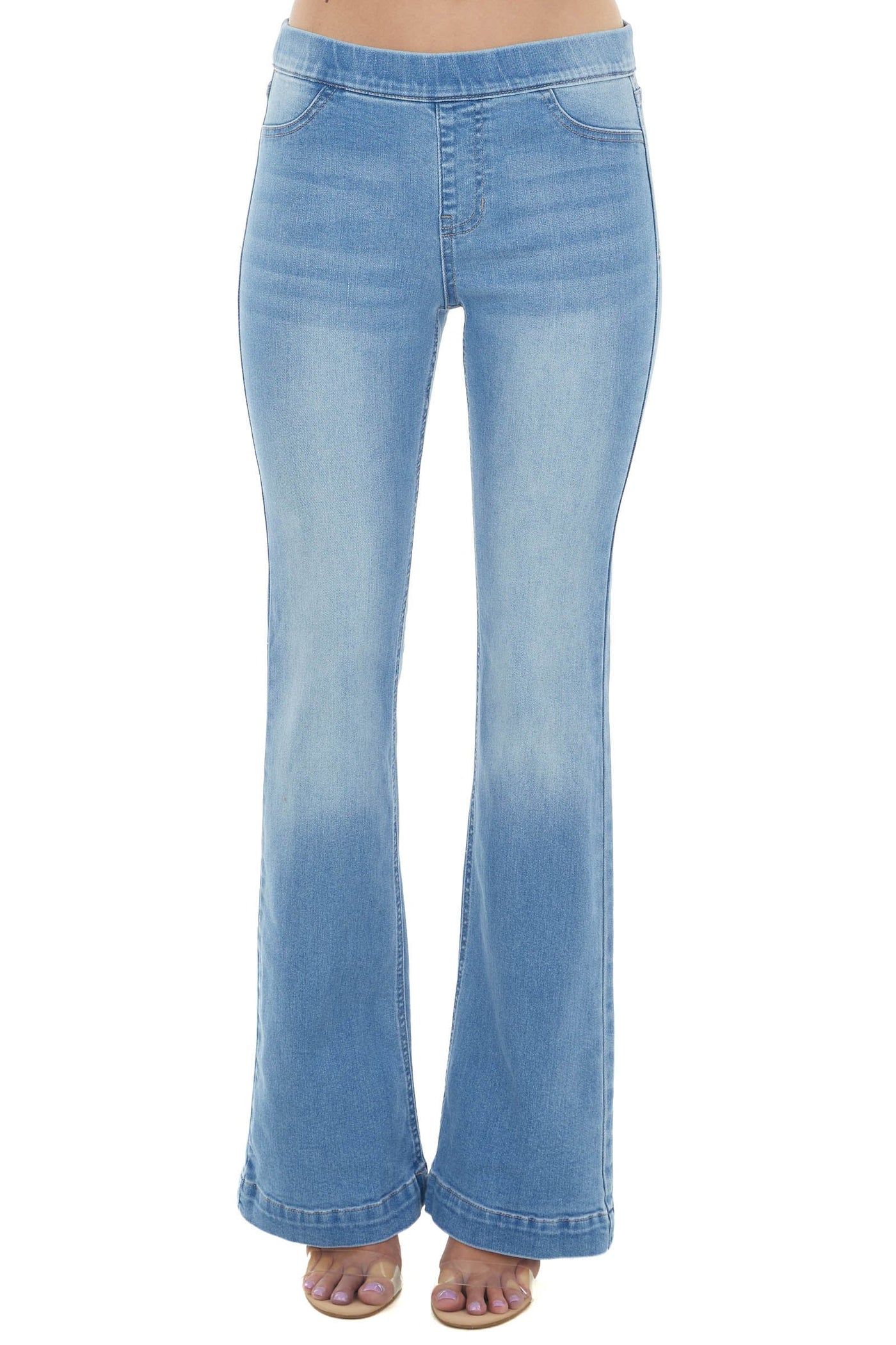 Light Wash Mid Rise Pull On Flare Leg Jeggings