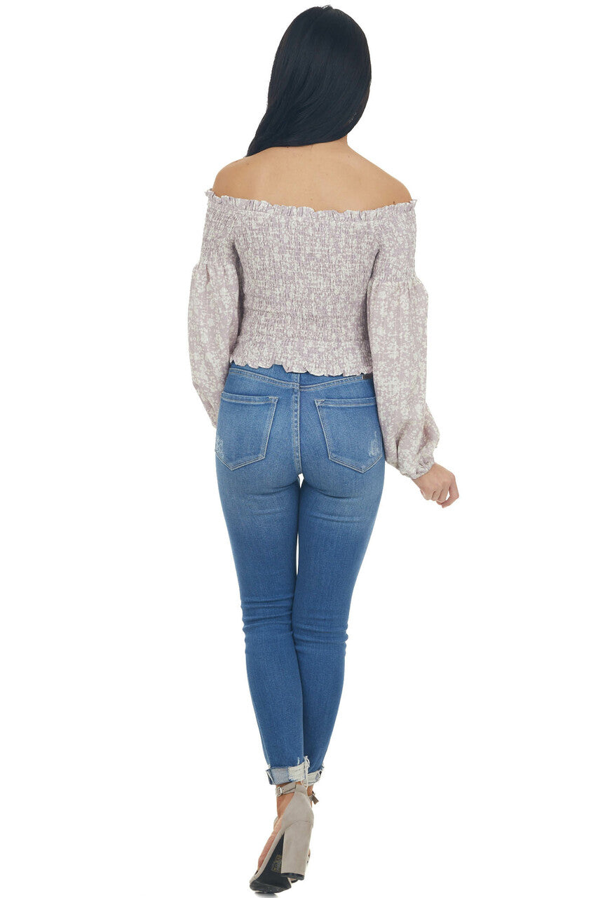 Lilac and Ivory Printed Smocked Off the Shoulder Blouse