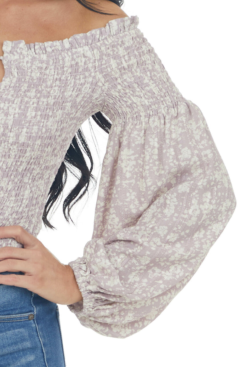 Lilac and Ivory Printed Smocked Off the Shoulder Blouse