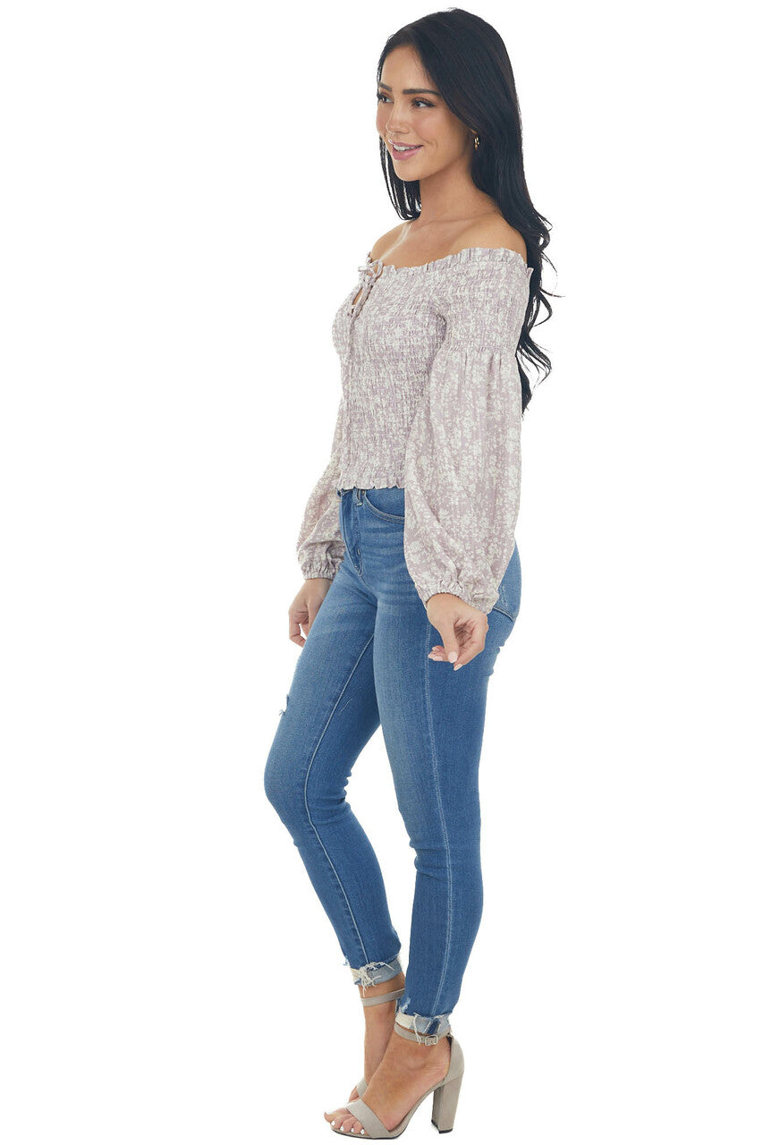 Lilac and Ivory Printed Smocked Off the Shoulder Blouse
