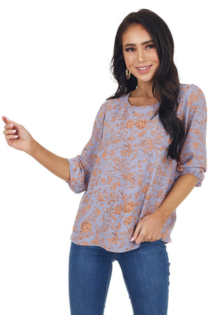 Lilac Floral Pattern 3/4 Sleeve Top with Back Keyhole Detail