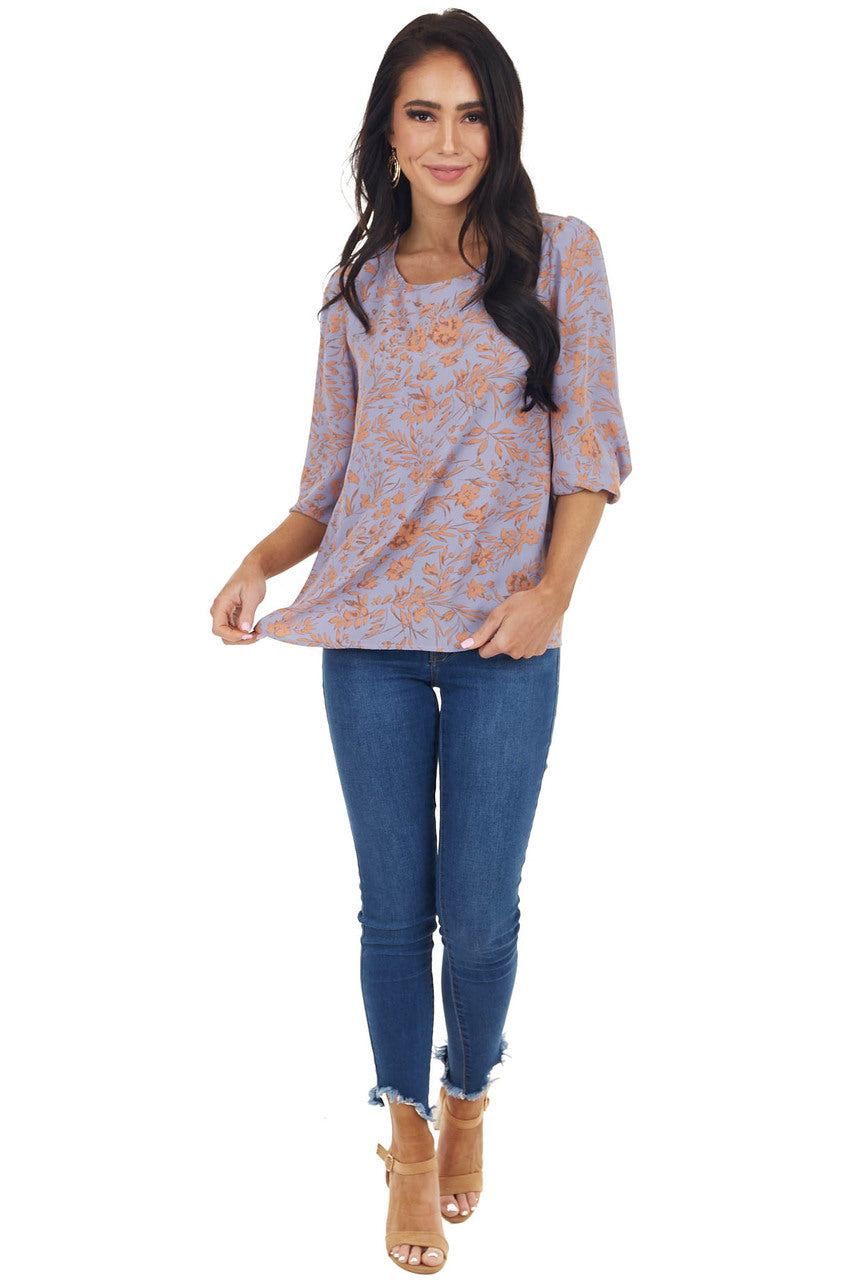 Lilac Floral Pattern 3/4 Sleeve Top with Back Keyhole Detail
