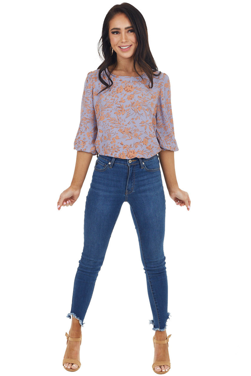 Lilac Floral Pattern 3/4 Sleeve Top with Back Keyhole Detail