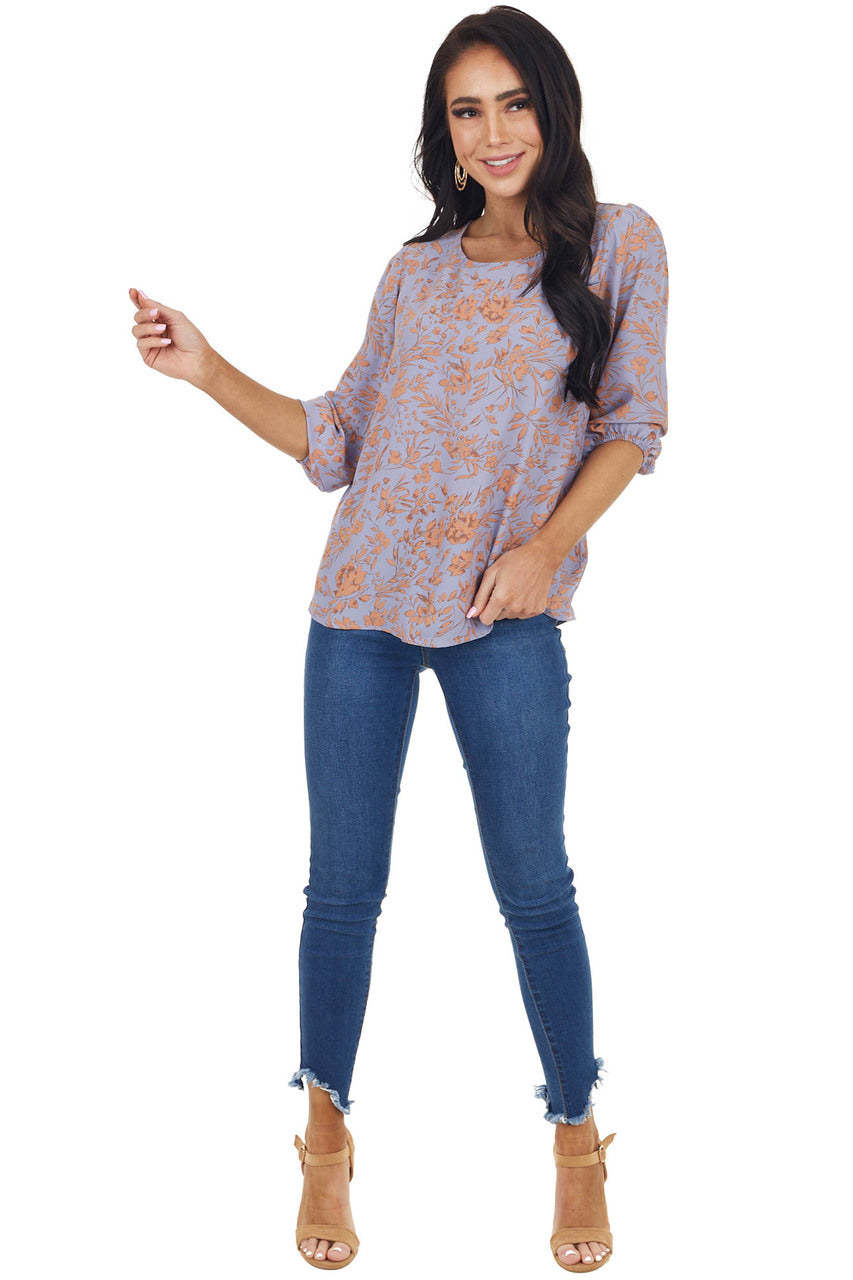 Lilac Floral Pattern 3/4 Sleeve Top with Back Keyhole Detail