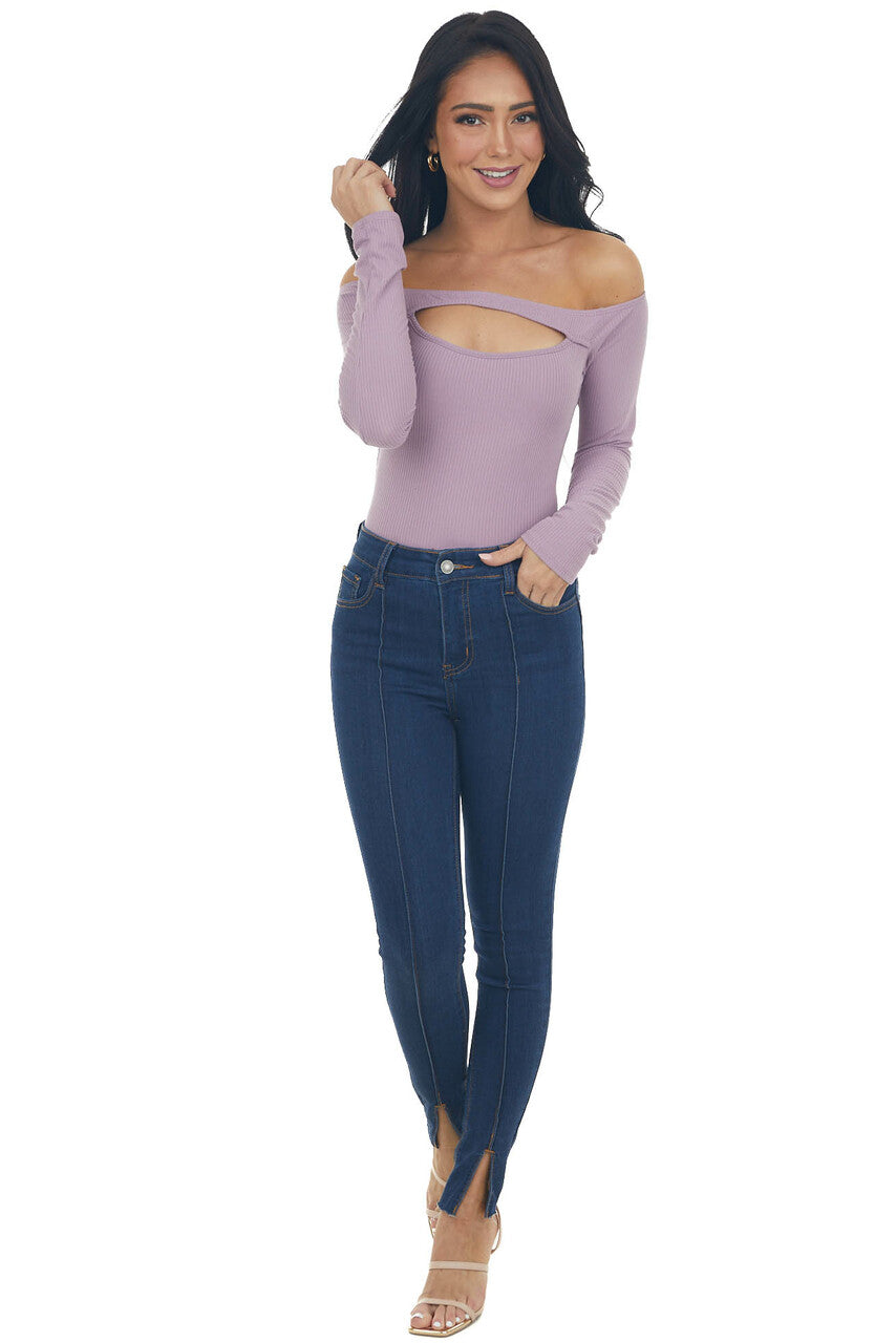 Lilac Off the Shoulder Ribbed Knit Top with Cut Out Detail