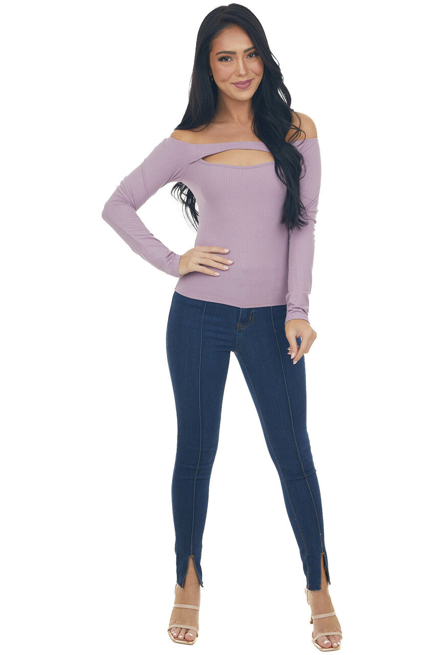 Lilac Off the Shoulder Ribbed Knit Top with Cut Out Detail