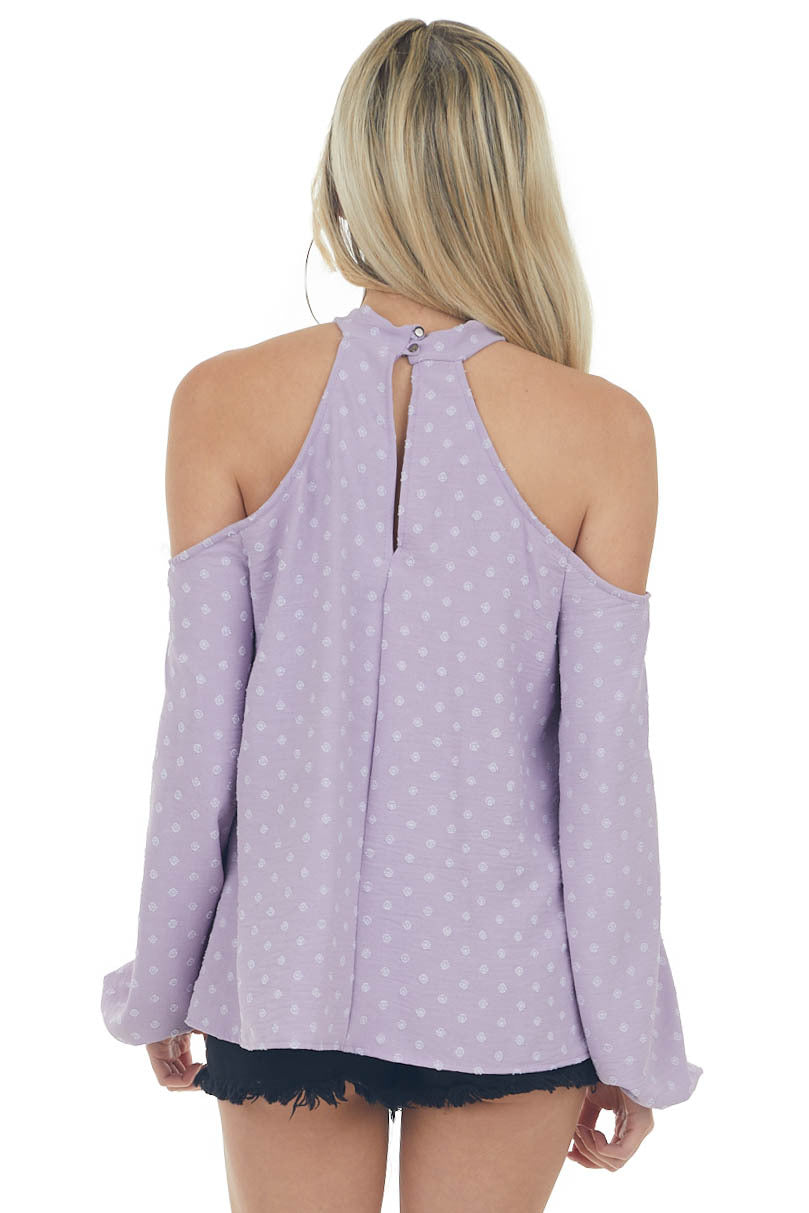 Lilac Swiss Dot Cold Shoulder Halter Blouse