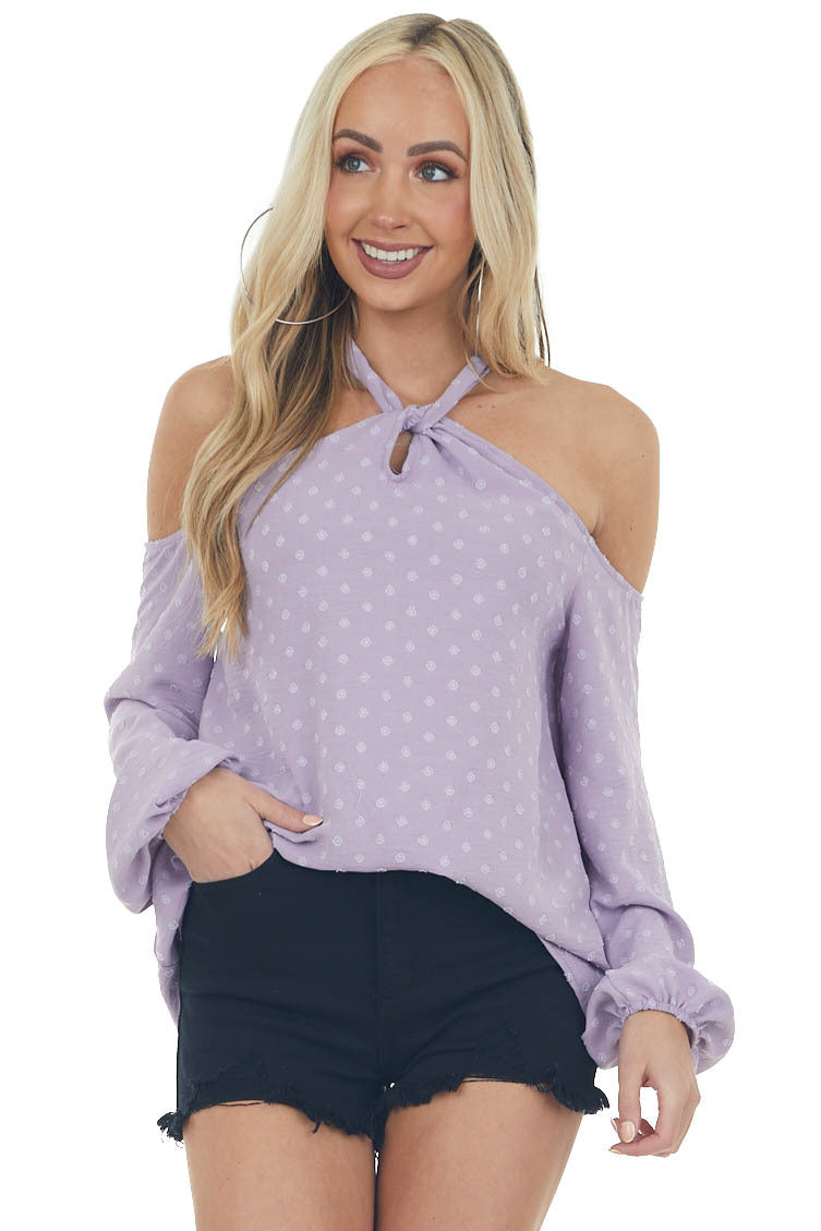 Lilac Swiss Dot Cold Shoulder Halter Blouse