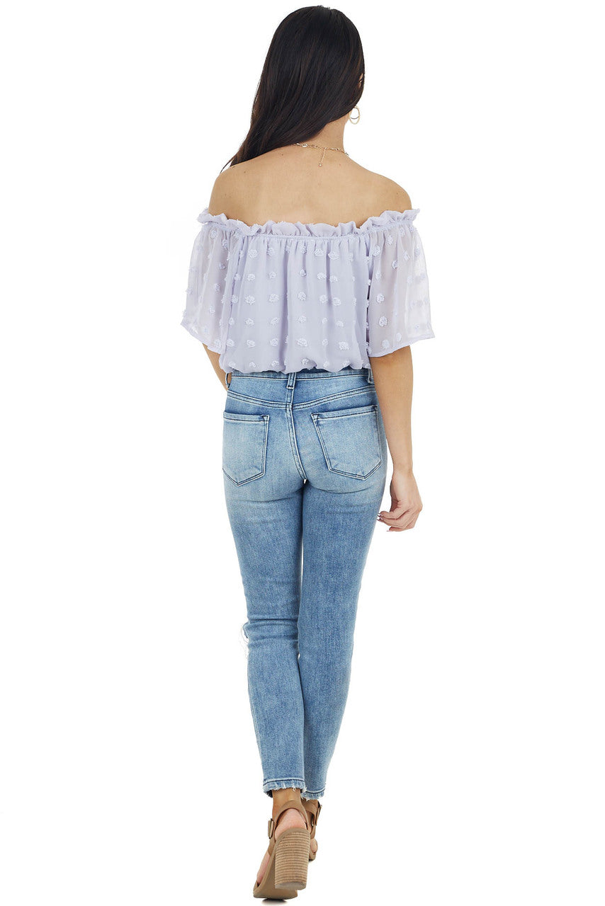 Lilac Swiss Dot Off the Shoulder Crop Top with Elastic Hem