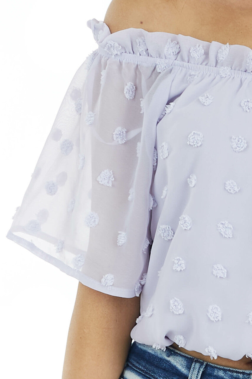Lilac Swiss Dot Off the Shoulder Crop Top with Elastic Hem