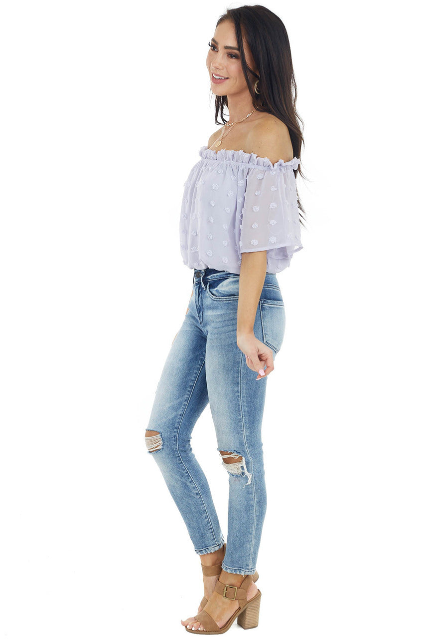 Lilac Swiss Dot Off the Shoulder Crop Top with Elastic Hem