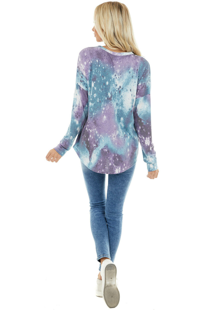 Lilac Tie Dye Galaxy Print Top with Criss Cross Neckline