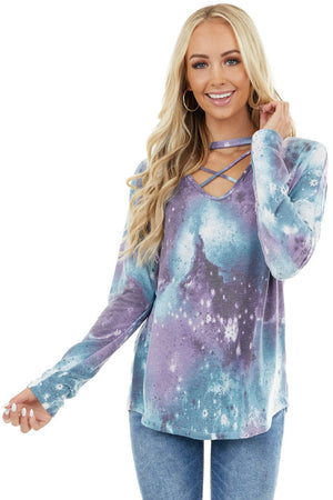 Lilac Tie Dye Galaxy Print Top with Criss Cross Neckline