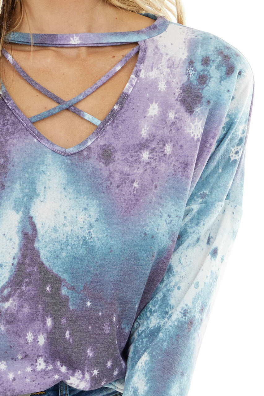 Lilac Tie Dye Galaxy Print Top with Criss Cross Neckline