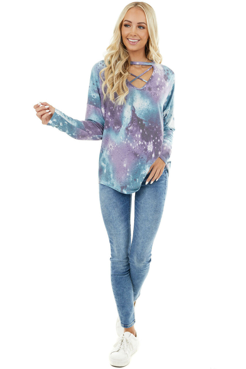 Lilac Tie Dye Galaxy Print Top with Criss Cross Neckline