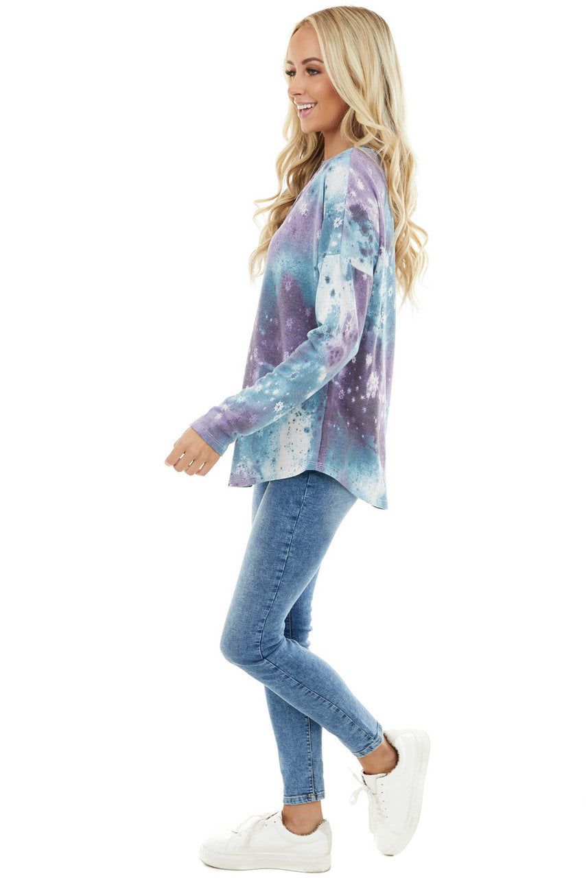 Lilac Tie Dye Galaxy Print Top with Criss Cross Neckline