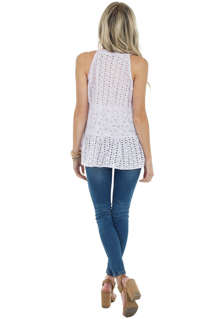 Lilac Tiered Eyelet Lace Sleeveless Top with Button Detail