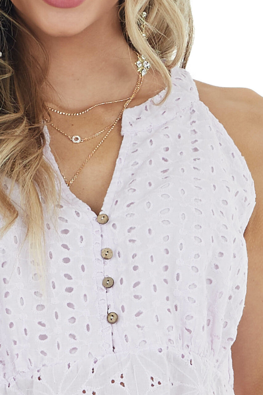 Lilac Tiered Eyelet Lace Sleeveless Top with Button Detail