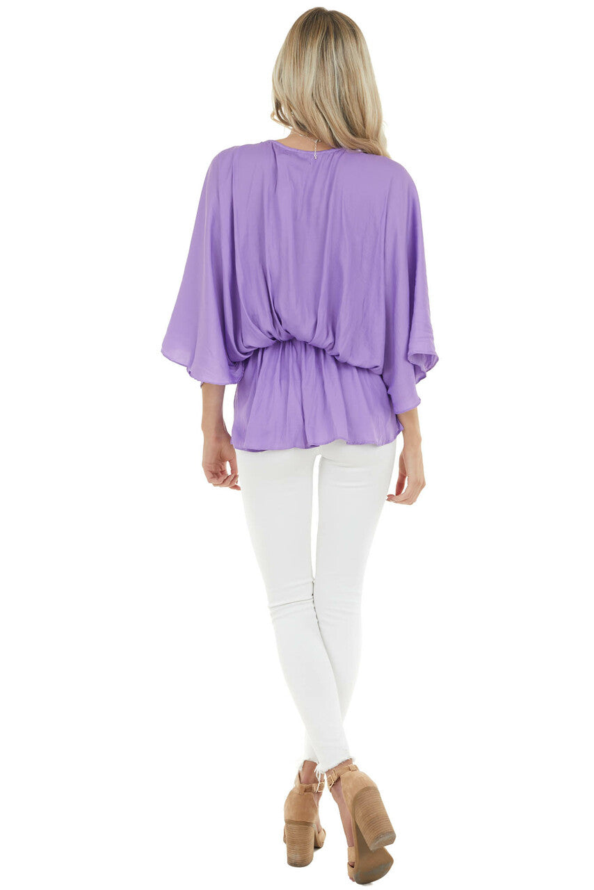 Lilac V Neck Drop Waist Blouse with Flutter Sleeves
