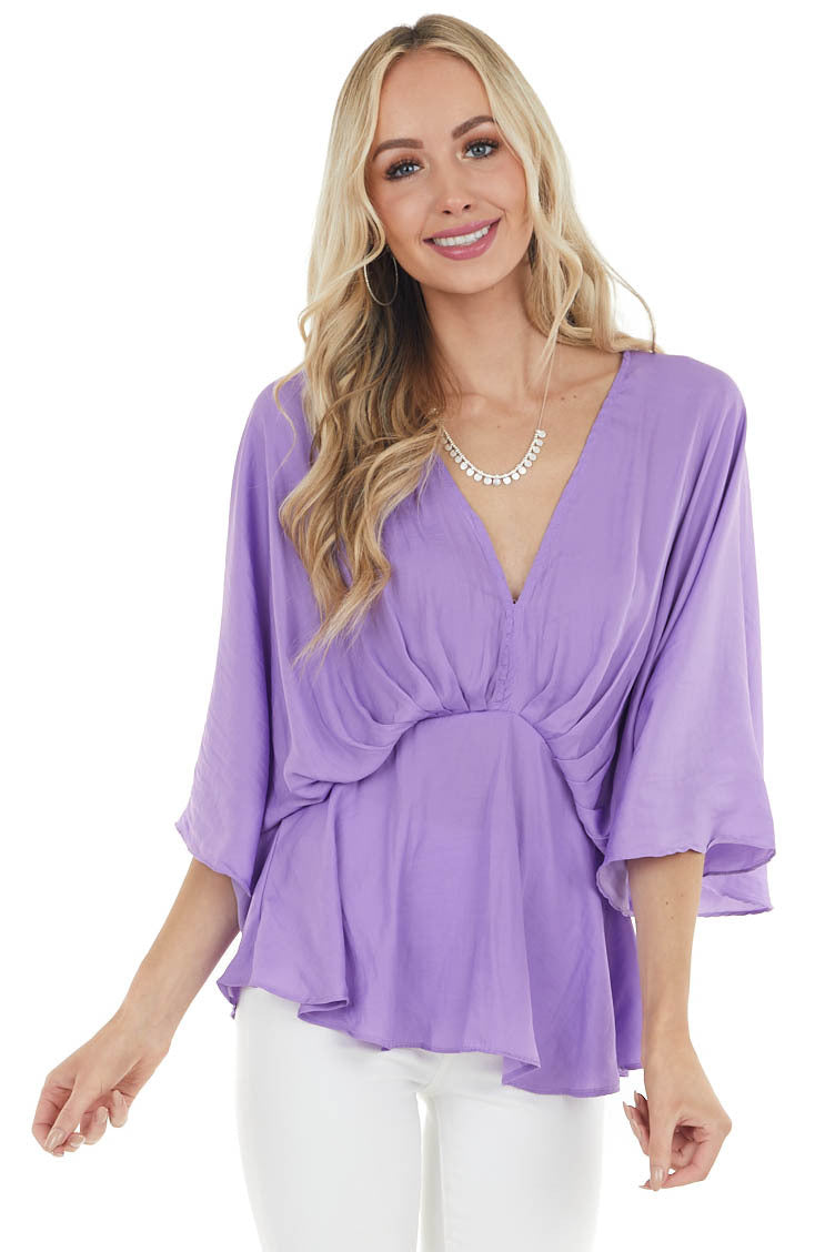 Lilac V Neck Drop Waist Blouse with Flutter Sleeves