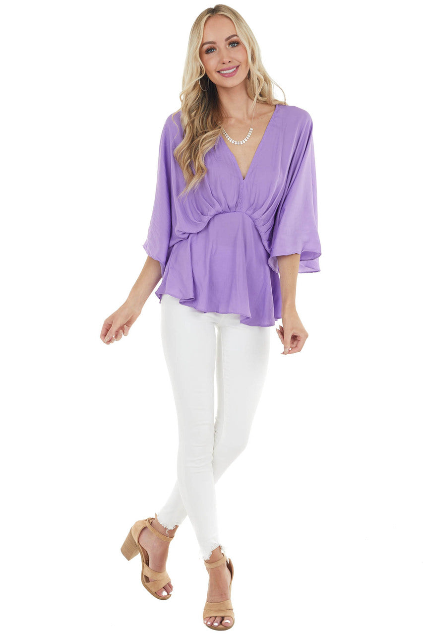 Lilac V Neck Drop Waist Blouse with Flutter Sleeves
