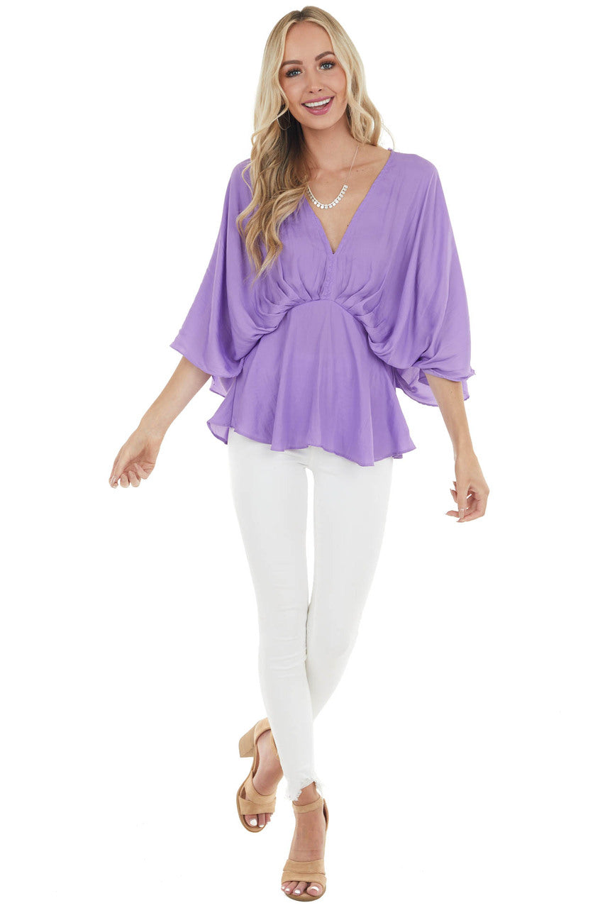 Lilac V Neck Drop Waist Blouse with Flutter Sleeves