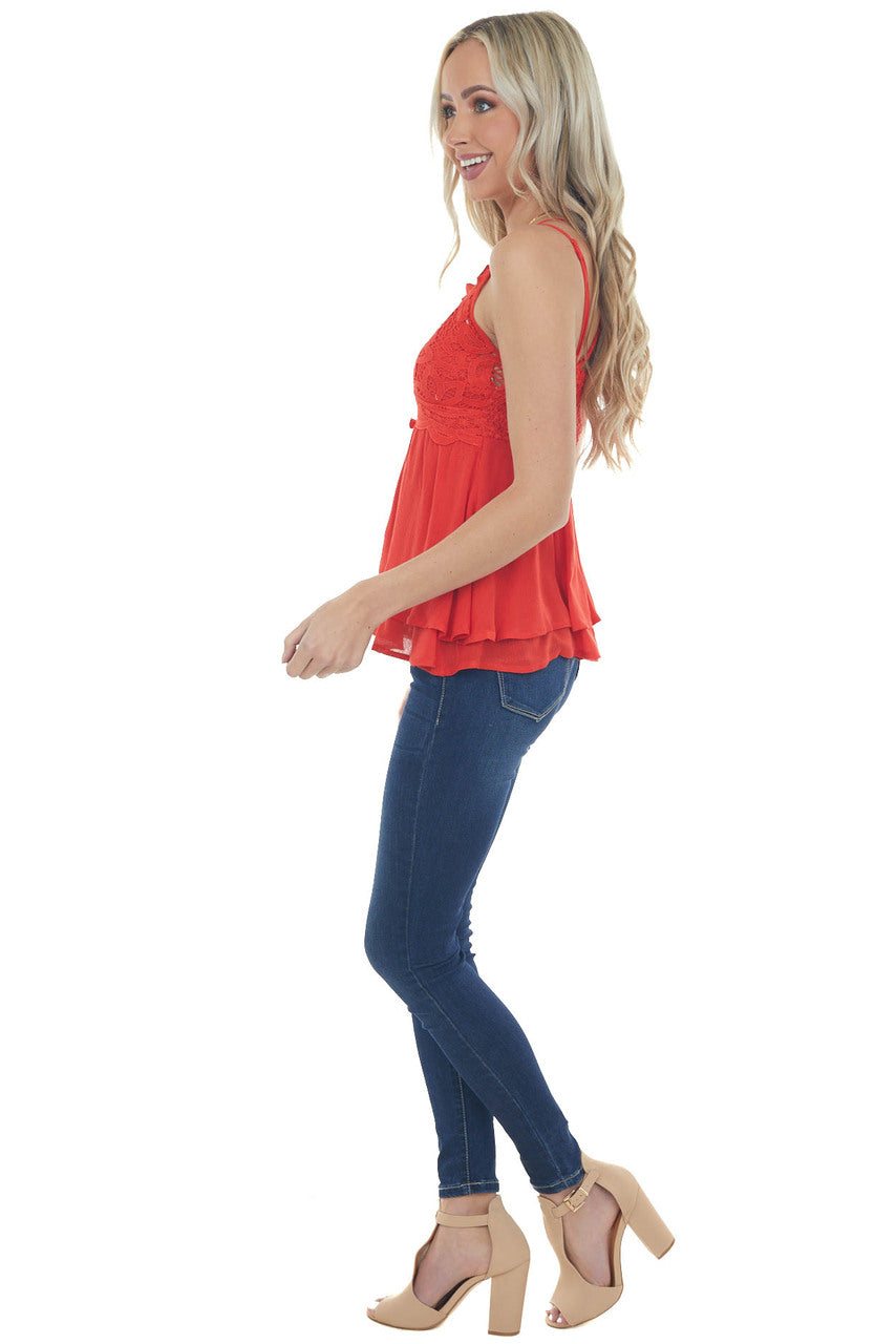 Lipstick Red Babydoll Lace Ruffle Hem Blouse