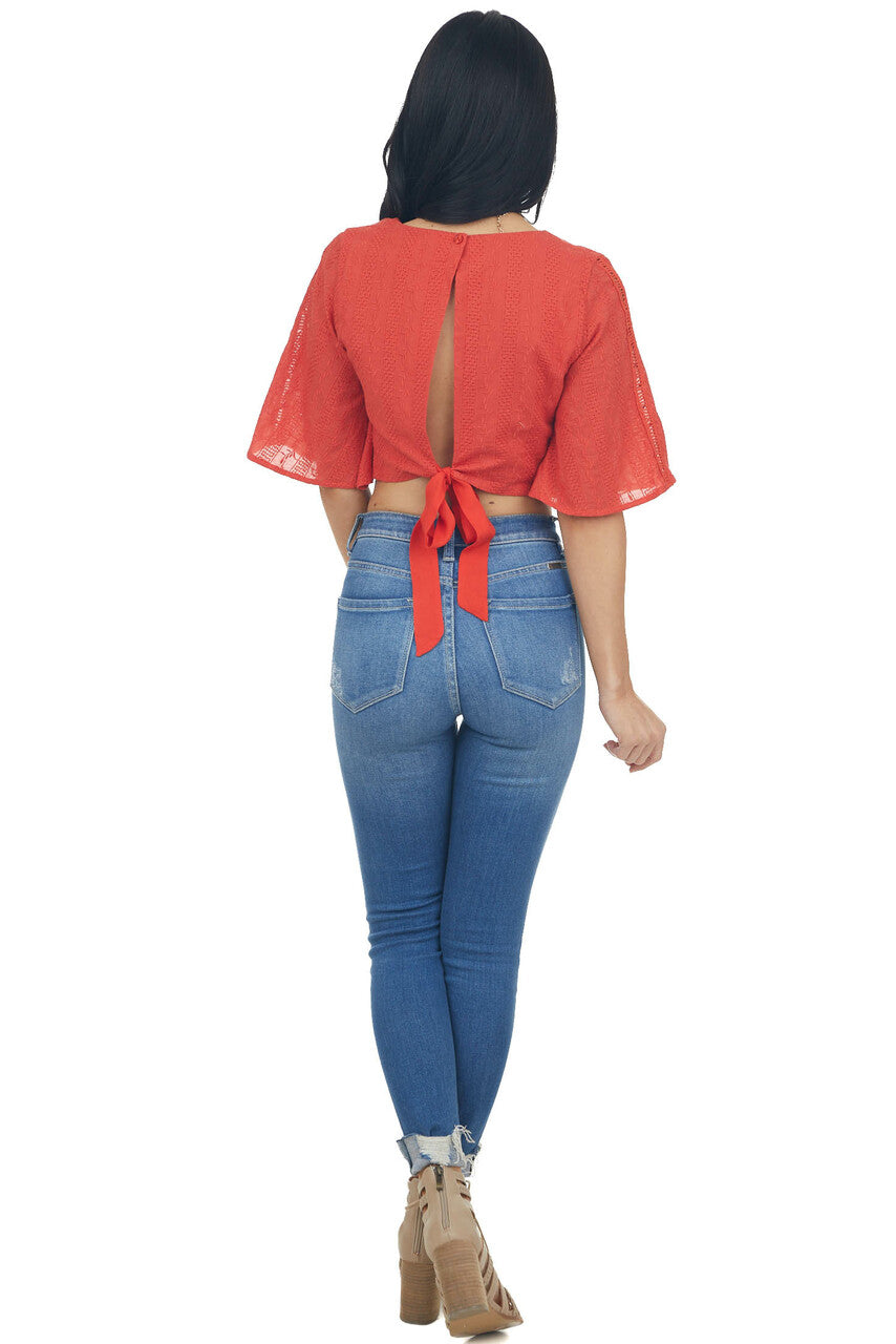 Lipstick Red Flare Sleeve Open Back Woven Crop Top