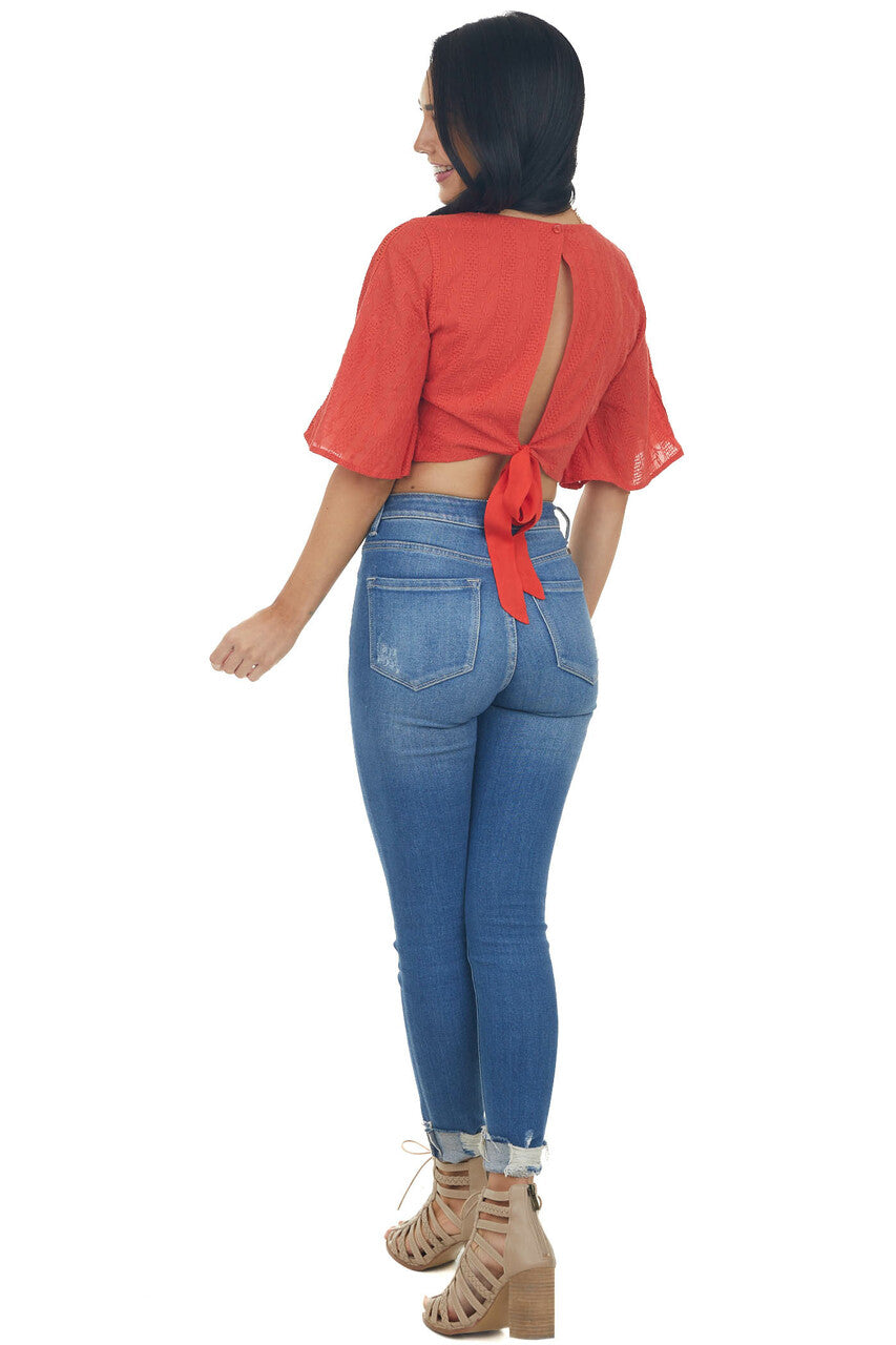 Lipstick Red Flare Sleeve Open Back Woven Crop Top