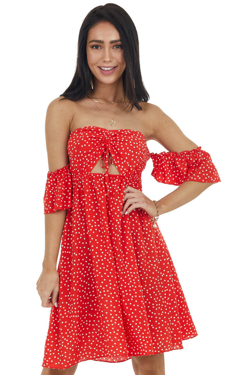 Lipstick Red Polka Dot Off the Shoulder Dress with Ruching