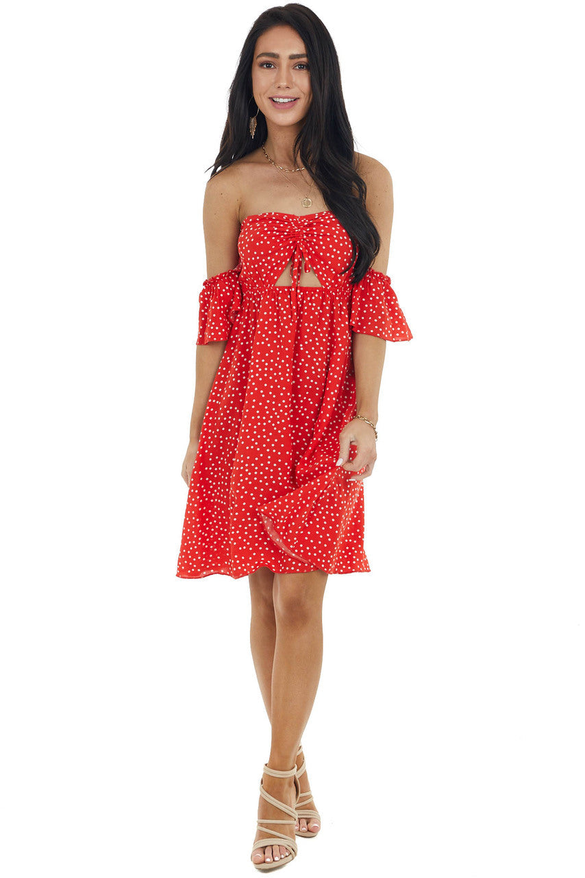Lipstick Red Polka Dot Off the Shoulder Dress with Ruching