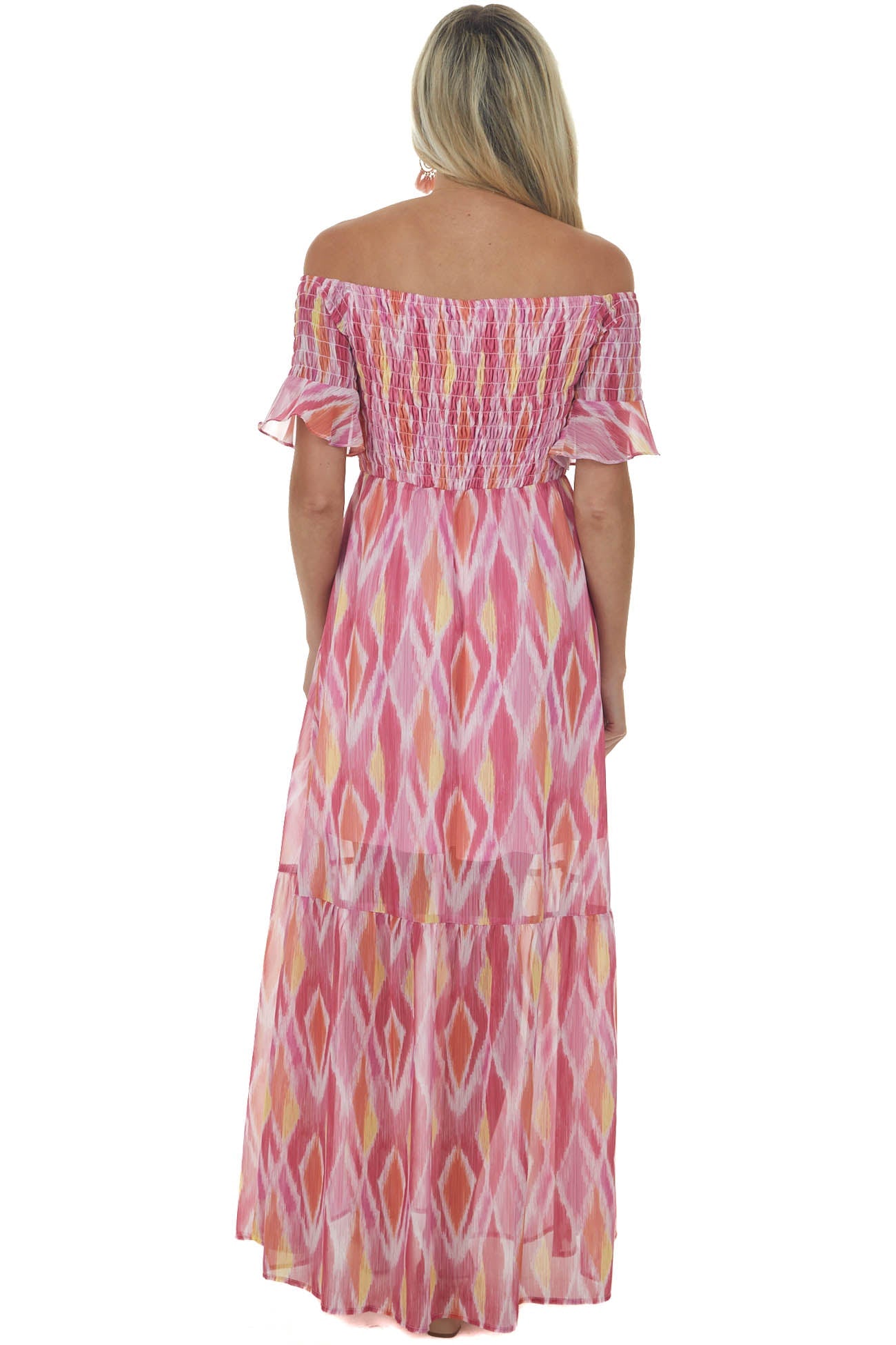 Magenta Abstract Print Smocked Off Shoulder Dress
