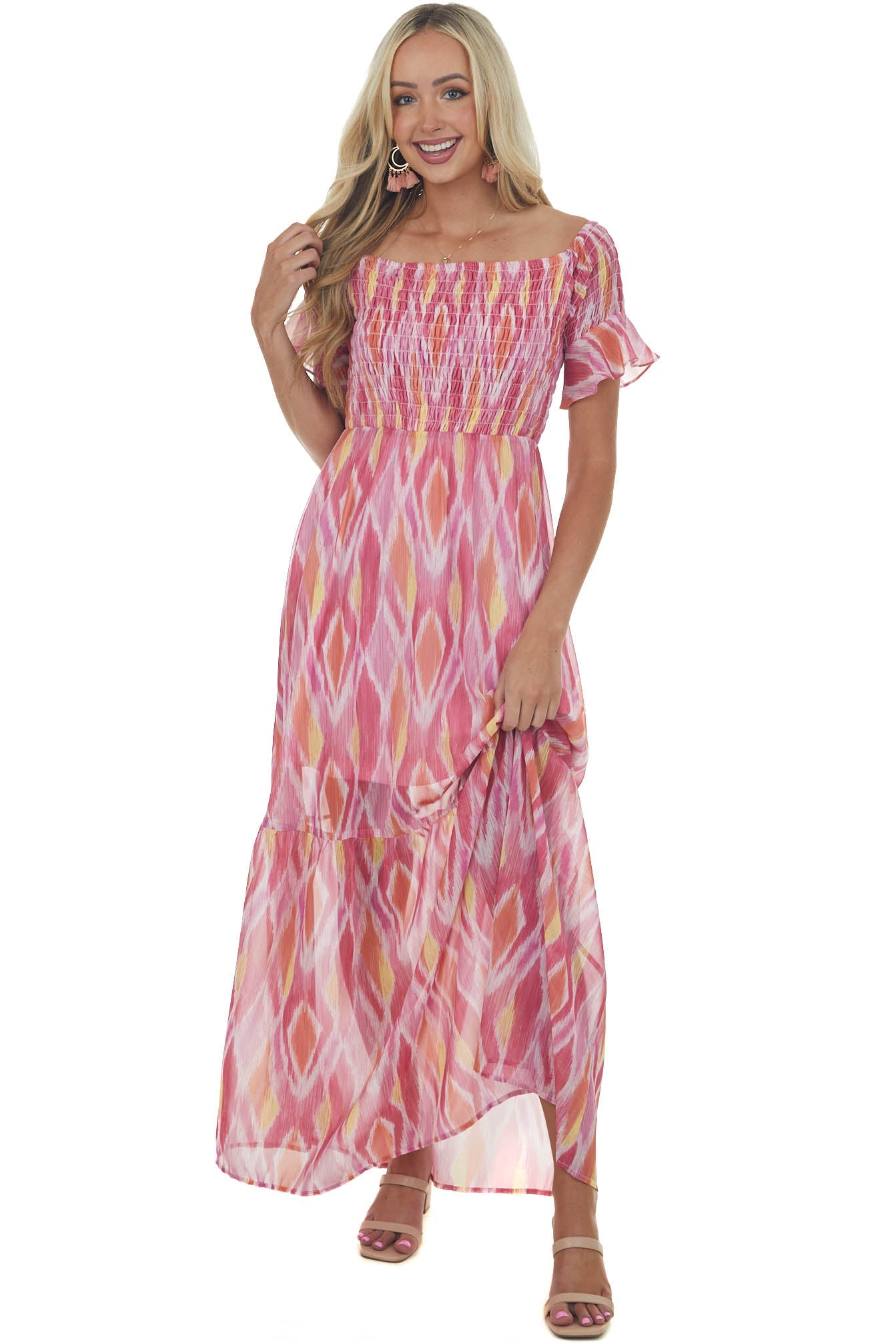 Magenta Abstract Print Smocked Off Shoulder Dress