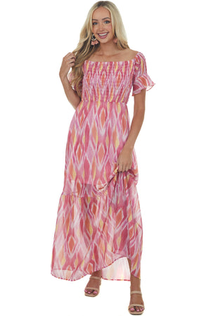 Magenta Abstract Print Smocked Off Shoulder Dress
