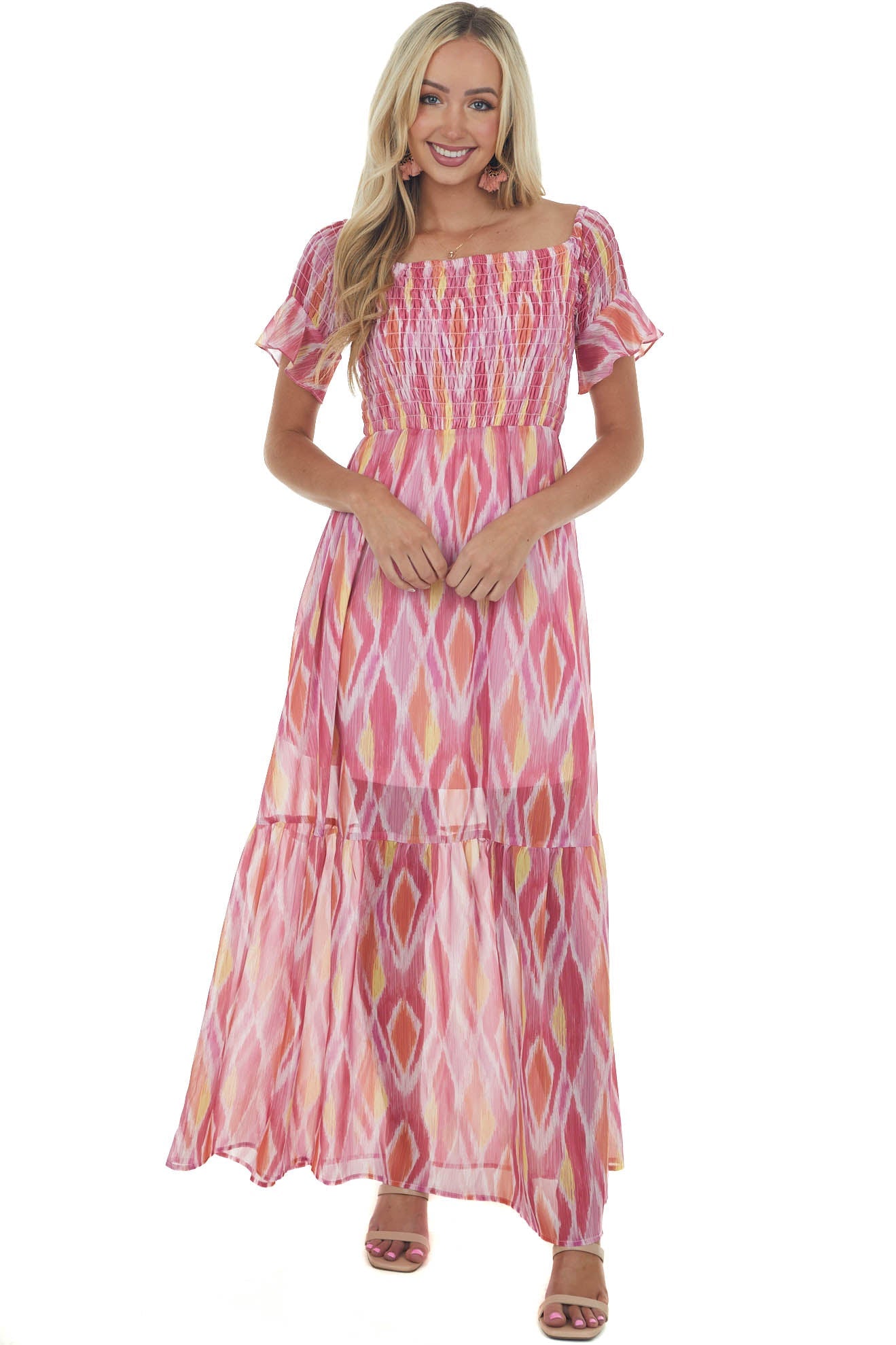 Magenta Abstract Print Smocked Off Shoulder Dress