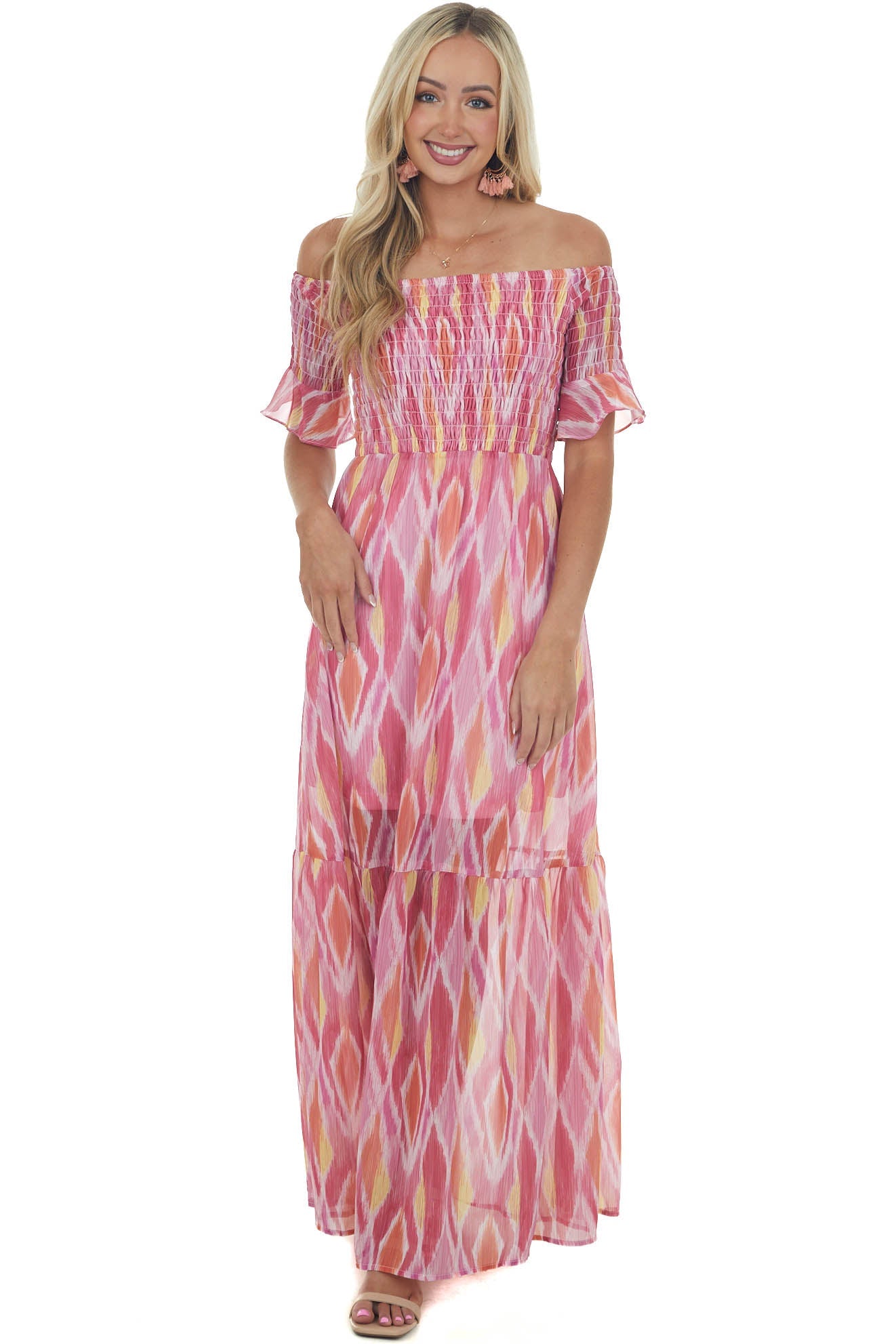 Magenta Abstract Print Smocked Off Shoulder Dress