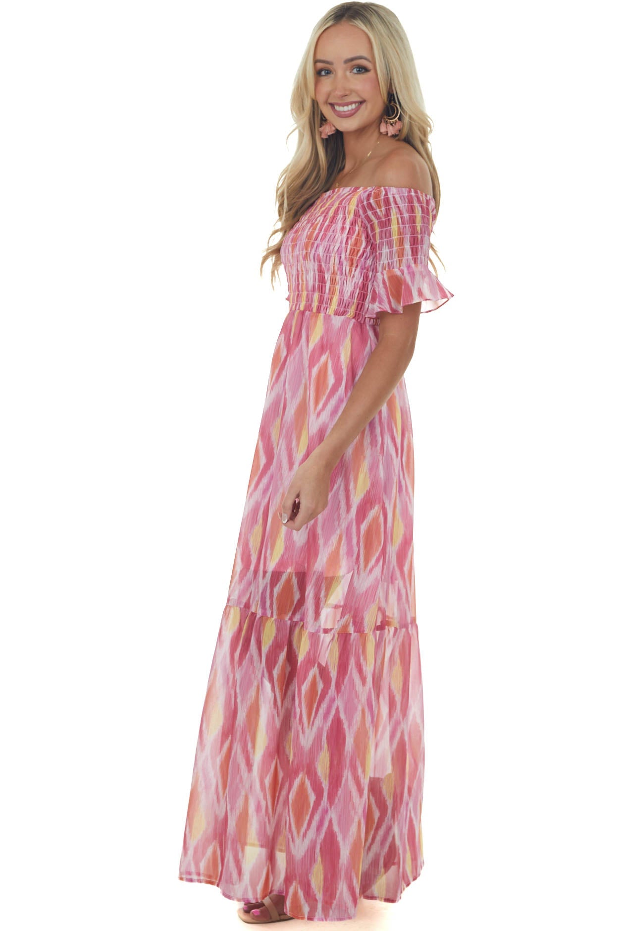 Magenta Abstract Print Smocked Off Shoulder Dress