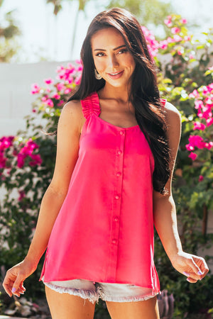 Magenta Button Up Ruffle Strap Woven Tank Top