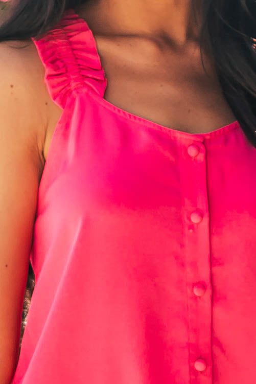 Magenta Button Up Ruffle Strap Woven Tank Top