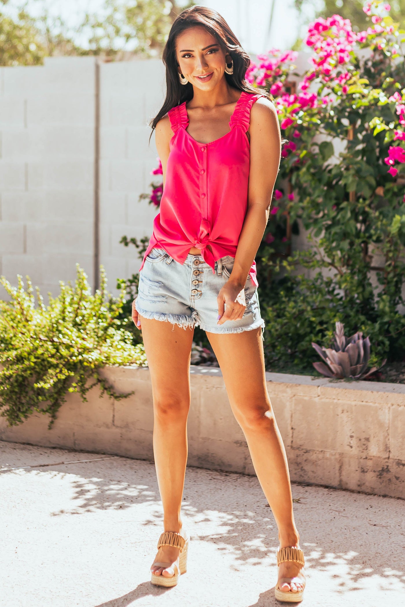 Magenta Button Up Ruffle Strap Woven Tank Top