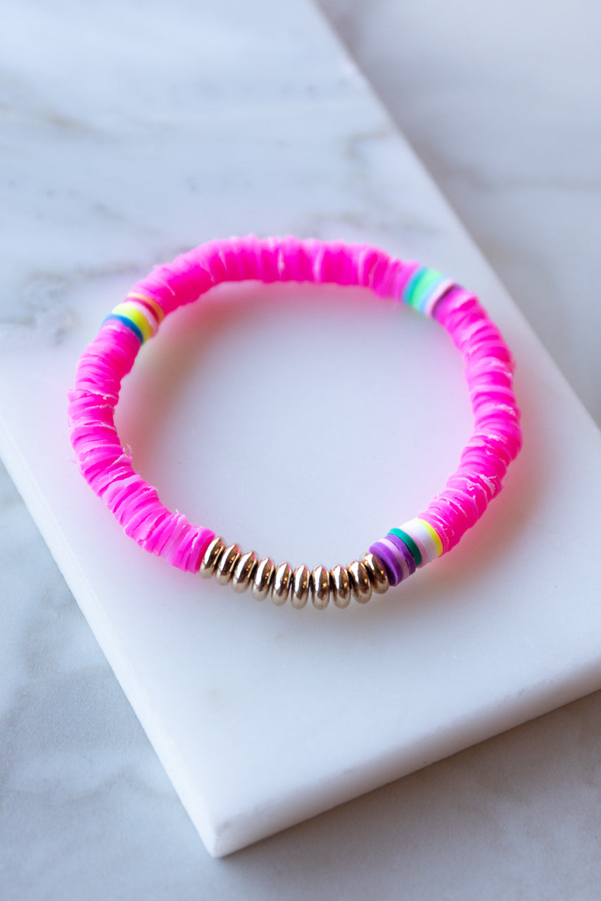 Magenta Disc Bead with Gold Bead Accent Elastic Bracelet 