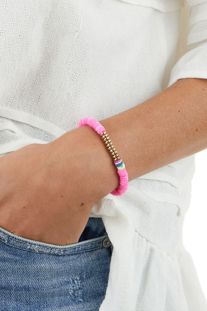 Magenta Disc Bead with Gold Bead Accent Elastic Bracelet 
