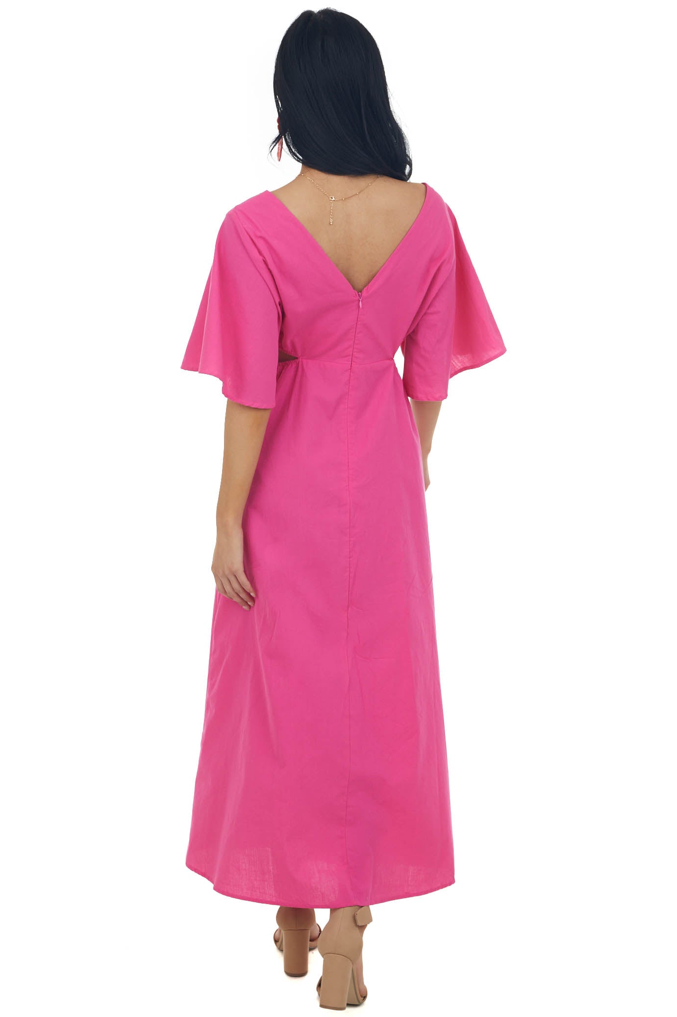 Magenta Flare Sleeve Waist Cut Out Midi Dress