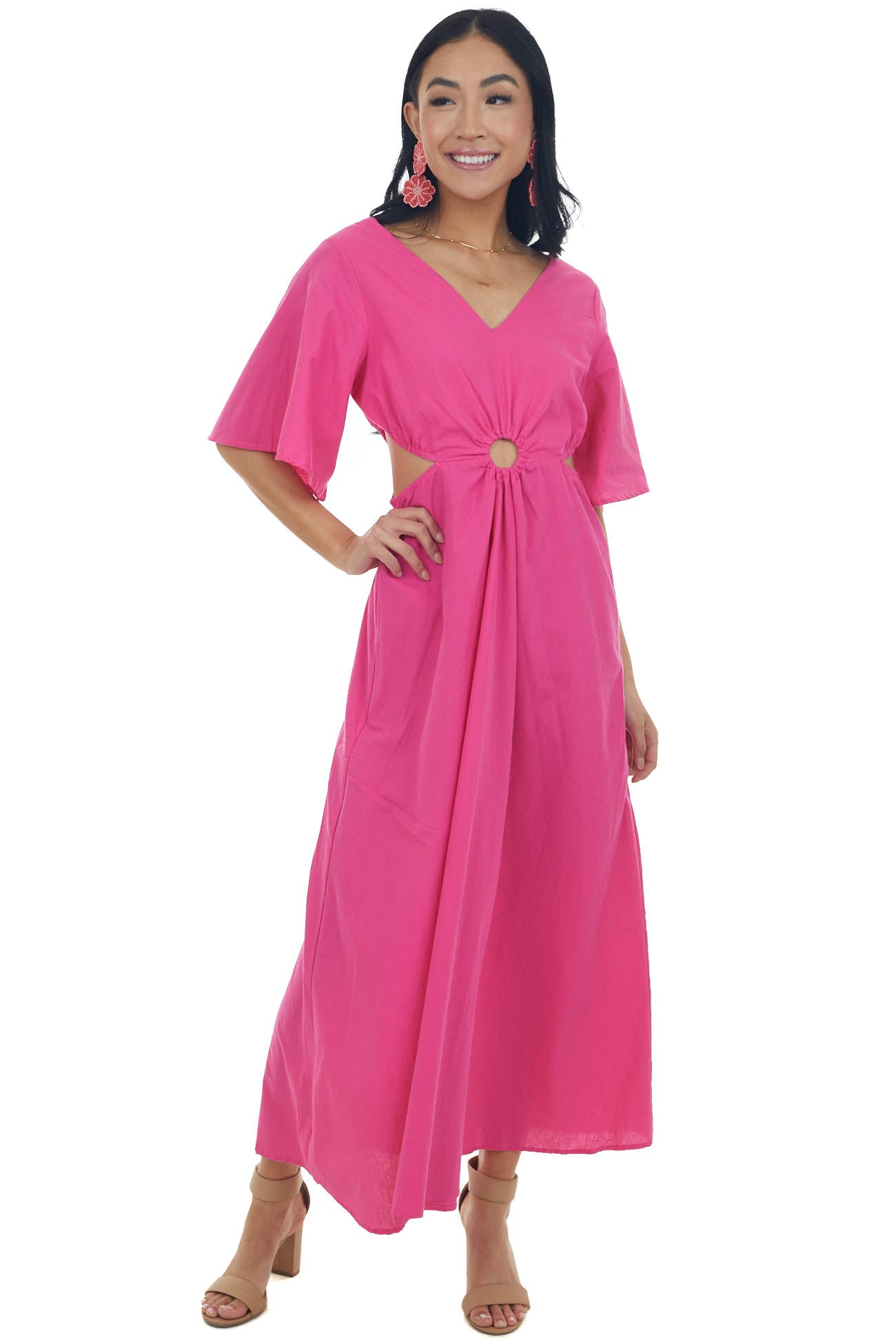 Magenta Flare Sleeve Waist Cut Out Midi Dress