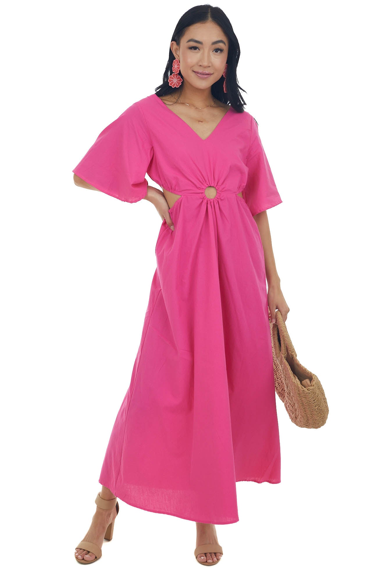 Magenta Flare Sleeve Waist Cut Out Midi Dress