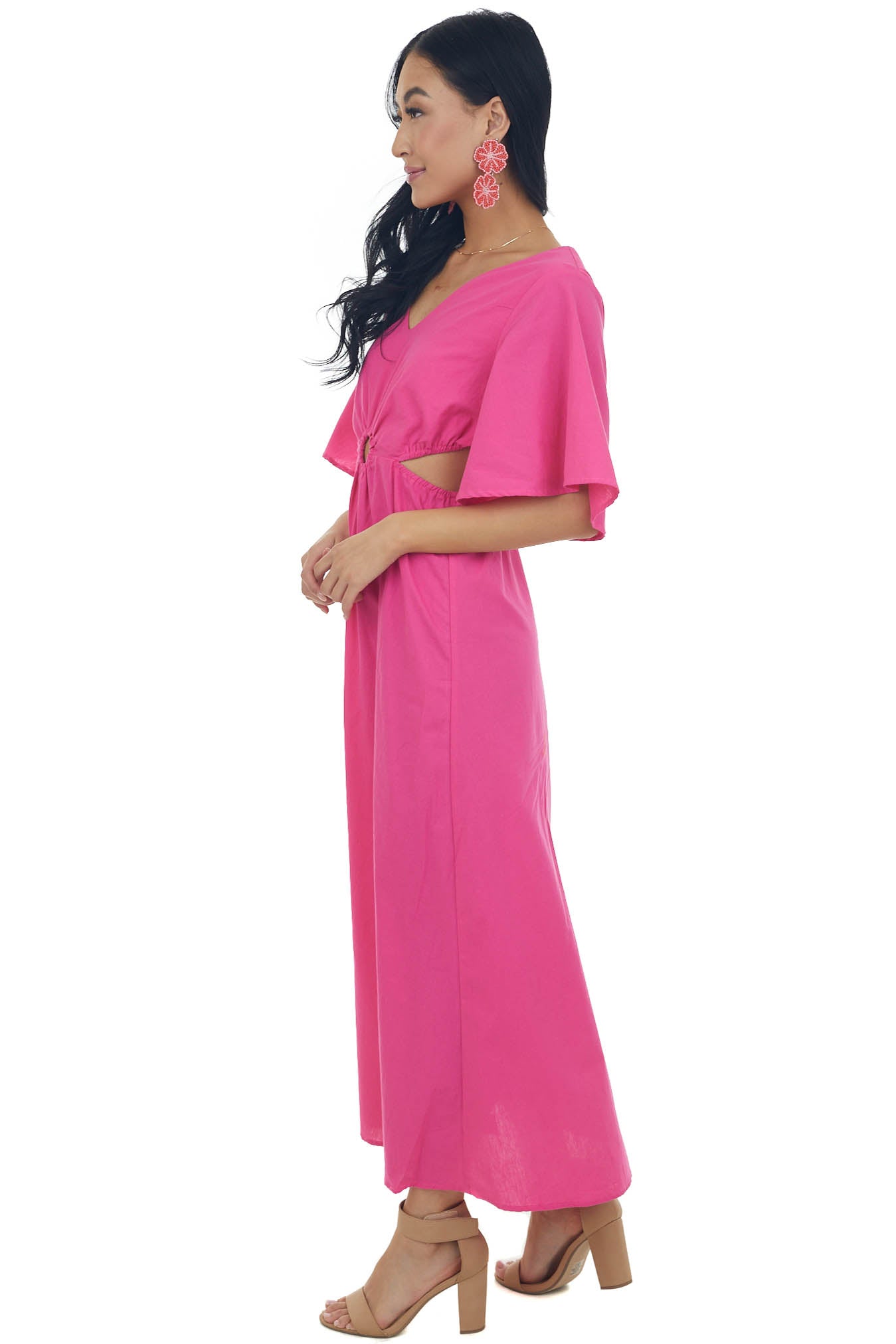 Magenta Flare Sleeve Waist Cut Out Midi Dress